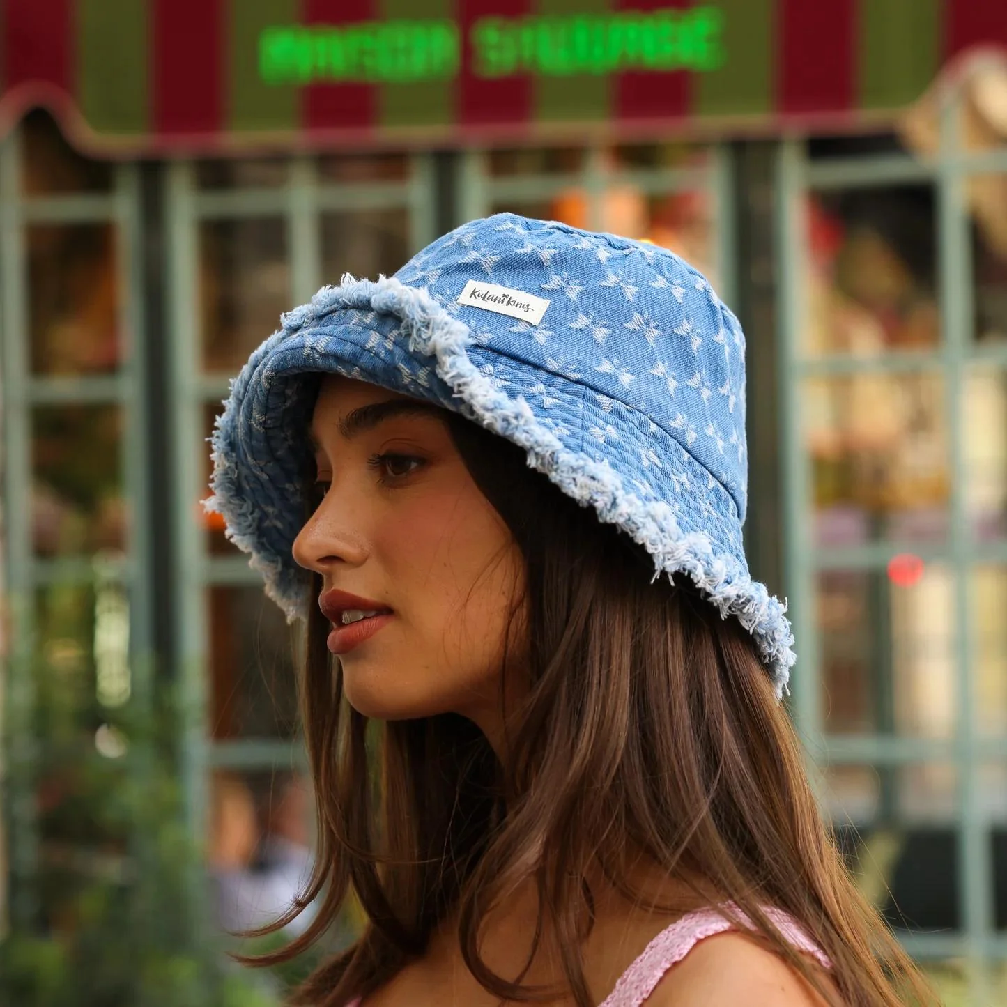Darling Denim Frayed Brim Bucket Hat - Image 2