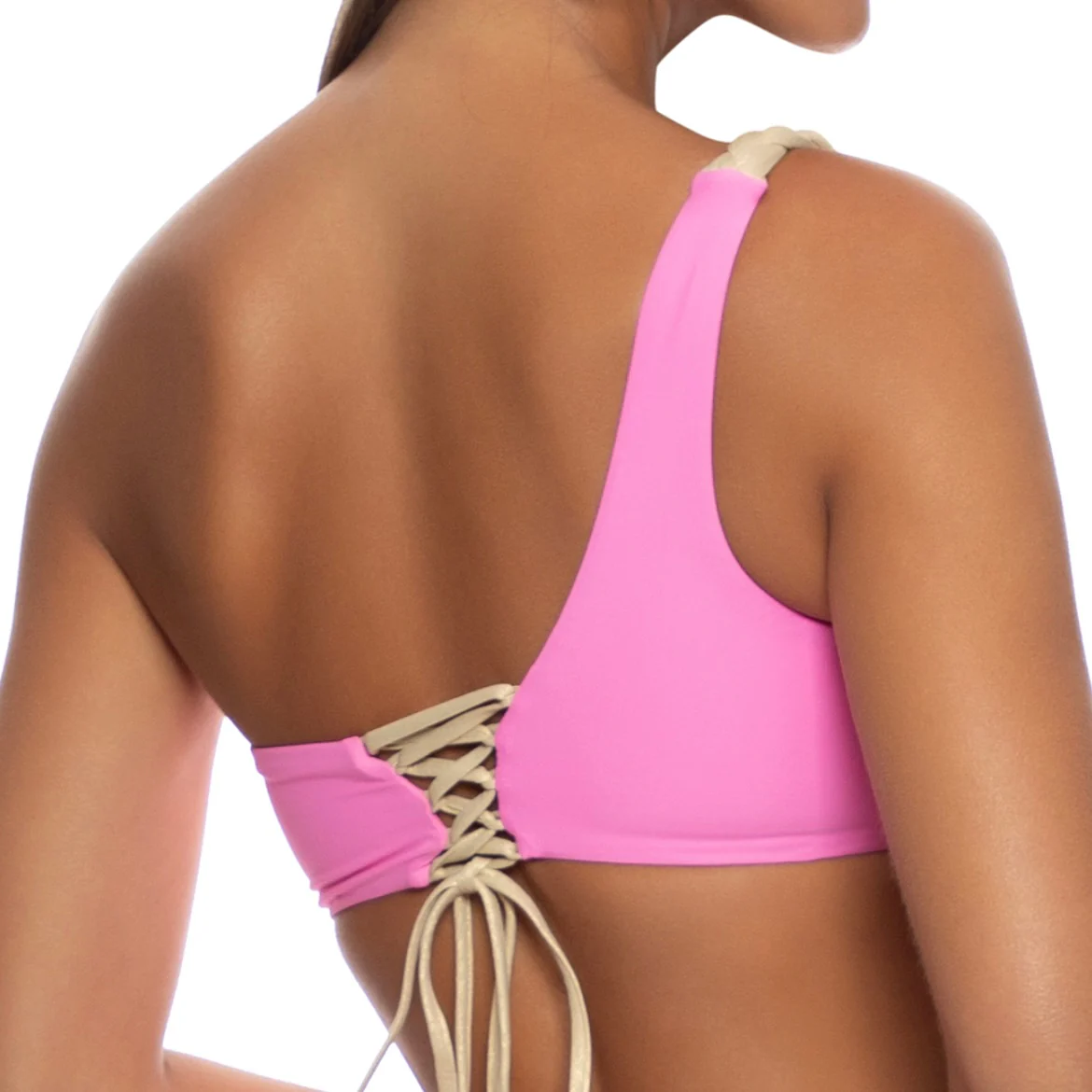 Pink Sail On One Shoulder Braided Laced Back Top - Image 2